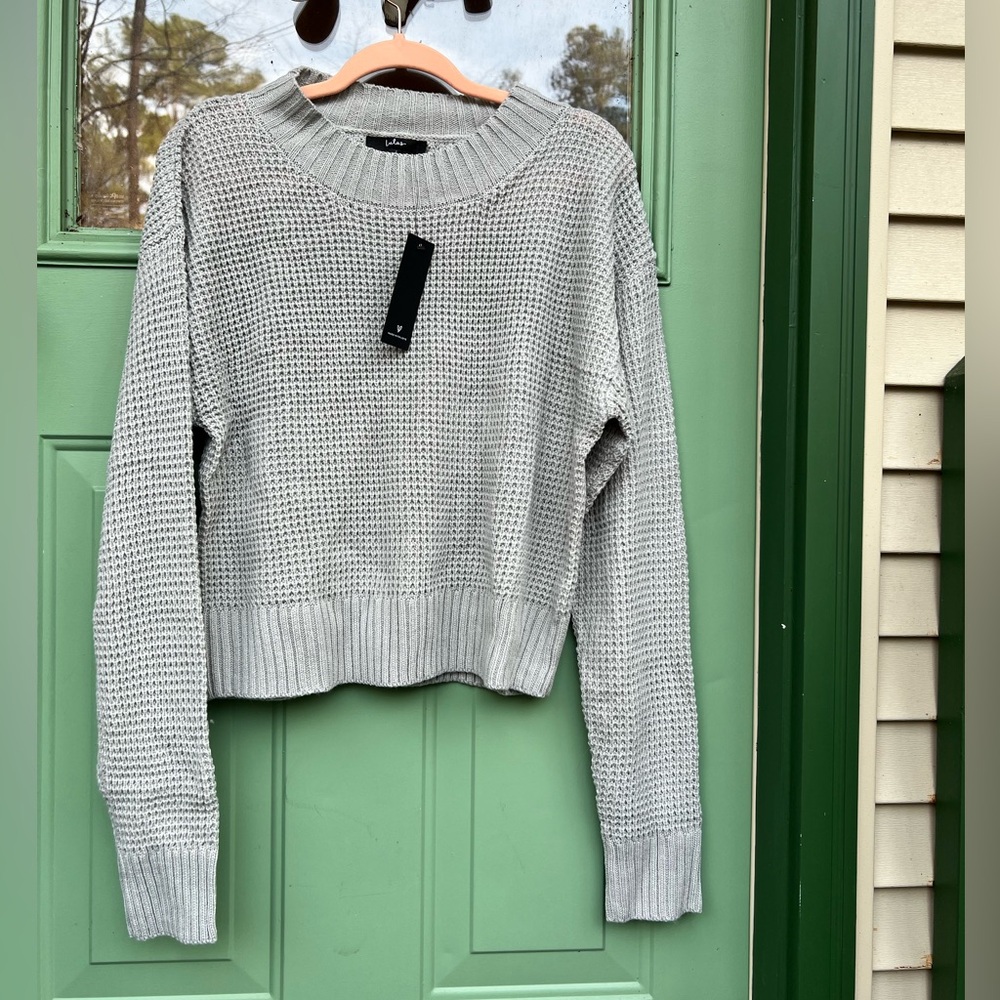 Lulus Campfire Cozy Crop Sweater Waffle Pullover Crew Neck - Large Light Grey